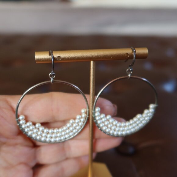 Chan Luu tiny pearl and silver front facing hoops earrings 2" long drops - Picture 2 of 13